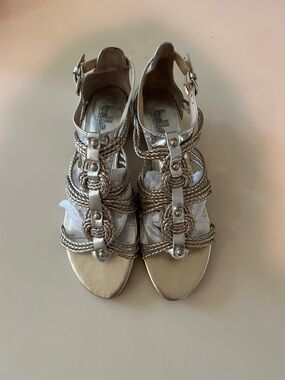 Belle by Sigerson Morrison Braided Metallic Silver T-Strap Sandals